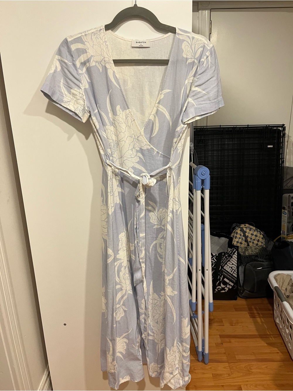 Babaton Pale Blue & Cream Floral Wrap Midi Dress